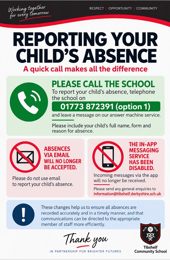Attendance Poster for Tibshelf Community School Attendance poster on how to report absences.